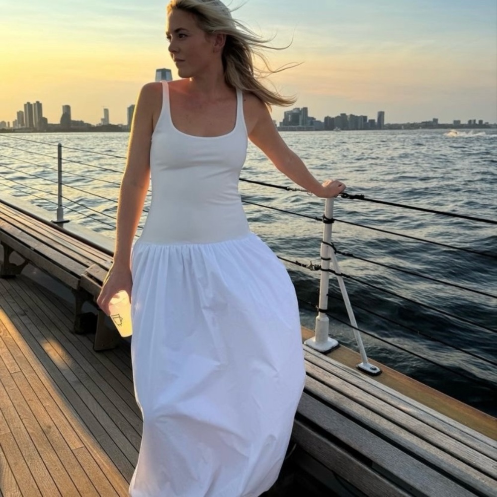 Zara mixed bubble balloon drop waist midi dress white